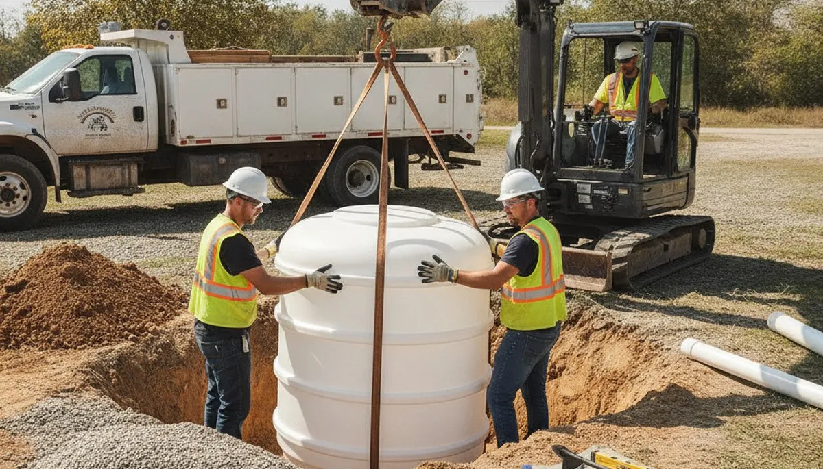 Septic tank installation crew in Allentown, PA preparing a home plumbing system setup